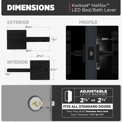 Kwikset Halifax LED Motion Activated Light Up Privacy Door Lever for Bathroom and Bedroom, Matte Black, Reversible Keyless Push Button Lock Door Lever, with Microban Protection