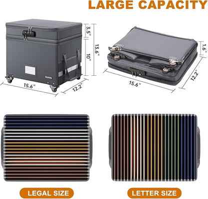 DocSafe Fireproof Document Box with Lock,2-Layer File Box with Wheels,Collapsible File Storage Organizer with Pockets,Large Portable Office Filing Cabinet for Hanging Folders,Gray,16''x13.8''x12.2''