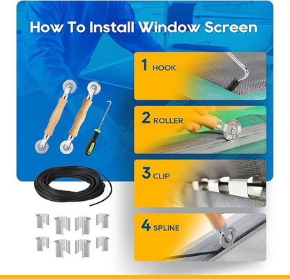 King&Charles Window Screen Door Repair/Replacement Kit, Include Black Screen Mesh 59"x106"+ 2 Roller+50Ft Spline+8Clips+Hook, 6 in 1 Window Mesh Kit, Steel/Nylon Bearing Roller