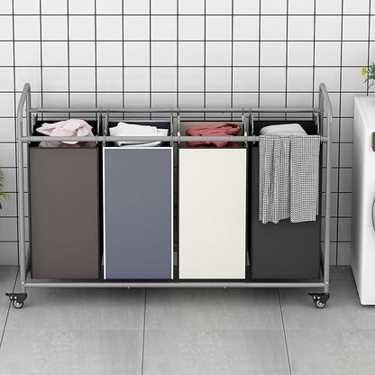 Laundry Sorter 4 Section Hamper Sorter with Heavy Duty Lockable Rolling Wheels Removable Bags Basket Separator for Dirty Clothes Storage, Assorted