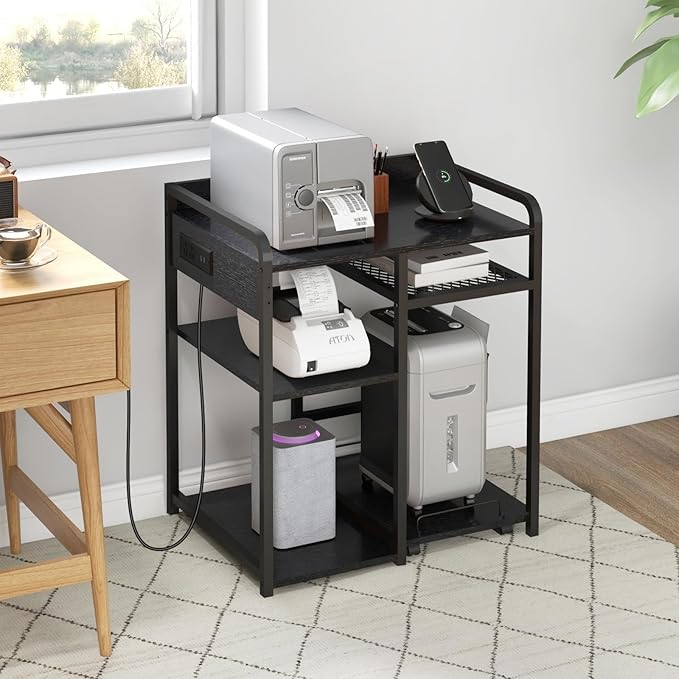 Livofloral Printer Stands with Charging Station, 23.6 x 18.9 Inch Large Printer Stand with Storage for Home Office, Printer Table with Power Outlet USB Port, Printer Shredder Stand with Wheels, Black