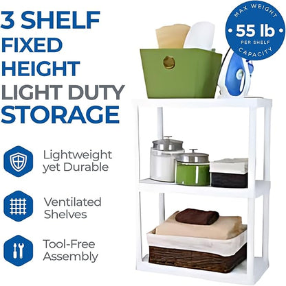 Gracious Living 3 Shelf Fixed Height Solid Light Duty Storage Unit 24 x 12 x 33" Organizer System for Home, Garage, Basement, and Laundry, White