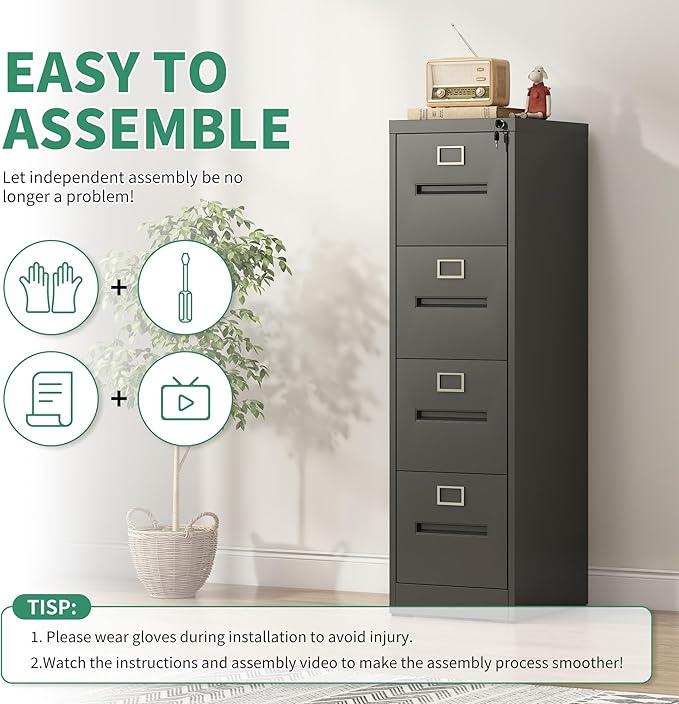 4 Drawer File Cabinet, Vertical File Cabinets with Lock for Home Office,Heavy Duty Office Steel Filing Cabinet for Hanging Letters/Legal/A4, Assembly Required (Black)