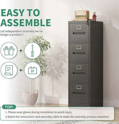 4 Drawer File Cabinet, Vertical File Cabinets with Lock for Home Office,Heavy Duty Office Steel Filing Cabinet for Hanging Letters/Legal/A4, Assembly Required (Black)
