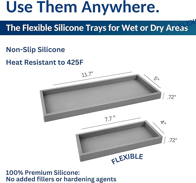Countertop and Vanity Tray - 2 PC (11” and 7”) Shatterproof Silicone Kitchen and Bathroom Trays for Counter, Kitchen Soap Dispenser Tray, Vanity Trays for Bathroom, Perfume Key Tray