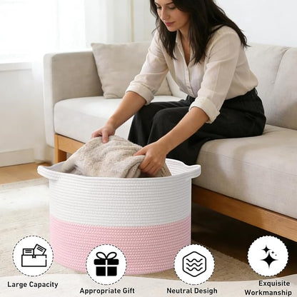 115L Large Blanket Basket,23.6" L x 23.6" W x 15.7" H Rope Woven Baskets with Handles, Toys Storage Bins,Laundry Basket Perfect for Living Room, Nursery,Bedroom,Home Organization,White&Pink