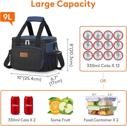 Lifewit Medium Lunch Bag Insulated Lunch Box Soft Cooler Cooling Tote for Adult Men Women, Black and Blue 12-Can (9L)