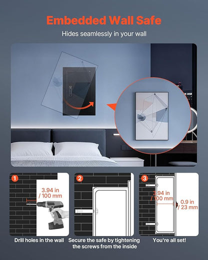 VEVOR Wall Safe, 3-Tier Hidden Wall Safe with Fingerprint, Password, Key & Turning Knob, Q235 Cold-Rolled Steel In-Wall Box with Adjustable Shelves & Key Holders for Money, Jewelry, Passport, Document
