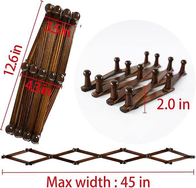 AMAPON Accordion Style Expandable Wall Wooden Coat Rack 13 Hooks (Pegs) Hang Hats Jackets Coffee Mug Purses Necklaces Towels Cap Leash Scarves Data Line Kitchenware (Walnut)