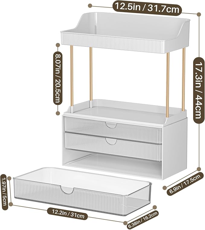 12.2"W Makeup Organizer Drawers - 5 Tiers Bathroom Counter Organizer, Cosmetic Storage Drawer for Dresser Countertop and Bathroom Vanity for Large Skincare, Perfume, Clear