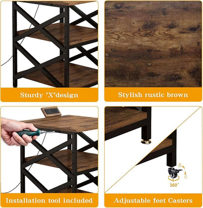Large Printer Stand with Power Outlet, with Height Adjustable Storage Shelf, 3 Tier Rolling Printer Cart with Industrial Wheels, 23.6 x 23.6 Inches Printer Table for Home Office, Rustic Brown