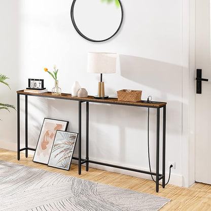 HOOBRO 63" Narrow Console Table with Charging Station, 5.9" Sofa Table with 2 Power Outlets and USB Ports, Long Entryway Tables Behind Couch Table, for Hallway, Livingroom, Rustic Brown BF165UXG01G1