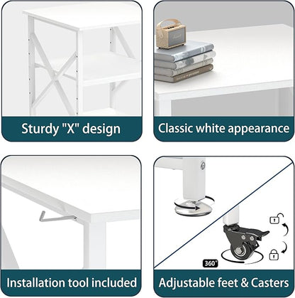 Printer Stand, 23.6 x 23.6 Inches Large Printer Stand with Adjustable Storage Shelf, 3 Tier Printer Table for Home Office, Rolling Printer Cart with Industrial Wheels, Mini Fridge Stand Table, White