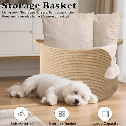 65L Large Blanket Basket,19.7" L x 19.7" W x 13" H Rope Woven Baskets with Handles, Toys Storage Bins,Laundry Basket Perfect for Living Room, Nursery,Bedroom,Home Organization,Camel