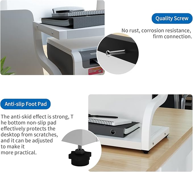 PUNCIA 2 Tiers Wood White Home Office Desktop Printer Stand Laser Printer Copier Stand with Storage Tabletop Heavy Duty Rack Desk Organizer Shelf Dual for Small Space Double Tiers Tray
