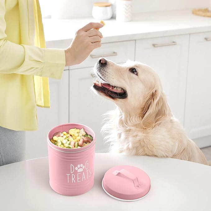 Pink Small Dog Treat Container Airtight - 6" Tall X 4.9" Round Pink Dog Treat Jar for Kitchen Counter - Rustic Treat Storage Canister for Dogs, Cats, Small Animals - Gifts for Pet Owners