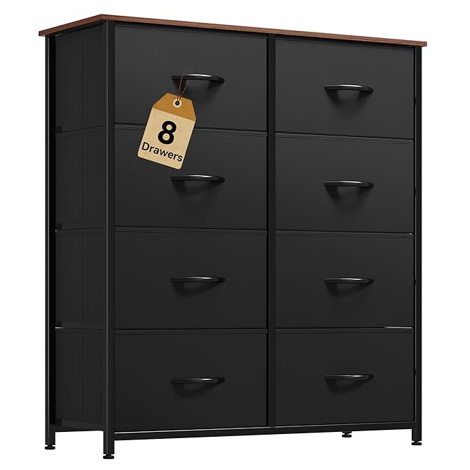 DWVO Dresser for Bedroom, Fabric Dresser with 8 Drawers, Tall Double Drawer Chest of Drawers for Closet, Living Room, Sturdy Steel Frame, Wooden Top, Easy Pull Handle