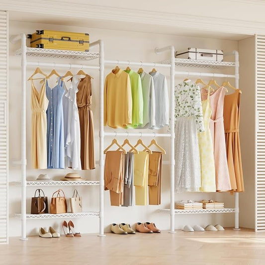 W3 Wall Mounted Closet System, Expandable Clothes Rack Heavy Duty Garment Rack Clothing Rack for Hanging Clothes, Industrial Pipe Closet Rack for Reach in Closet, White