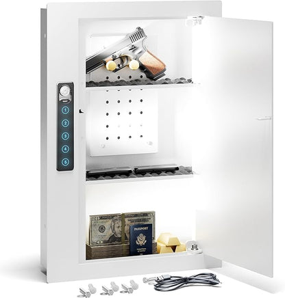 Grimtron Quick Access White Wall Safe with Removable Pegboard & Shelfs, Flat Hidden In Wall Safes Between the Studs 16" Centers, Wall Mount Safe for Cash, Valuables, Document, Gifts for Men and Women