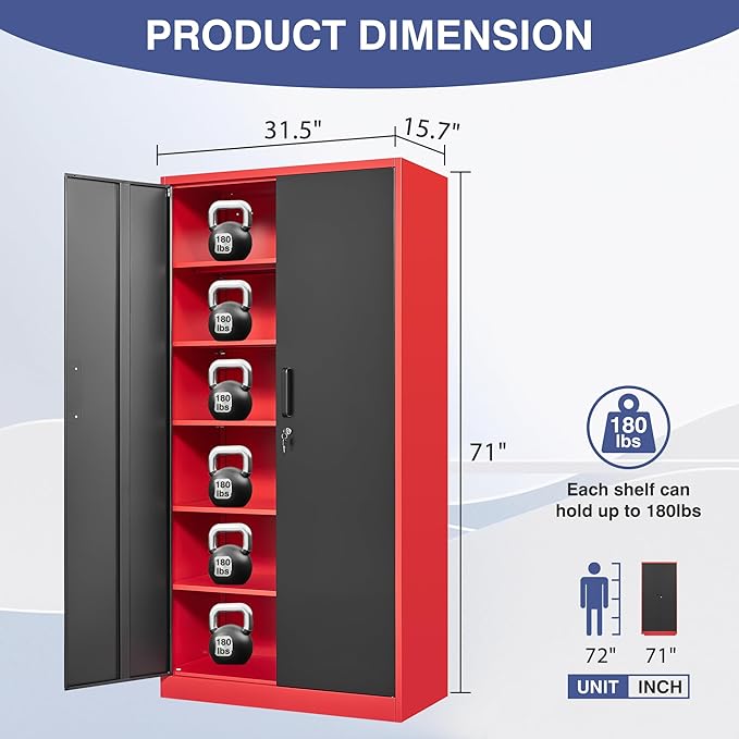 Metal Storage Cabinet with Lock,71 Inch Garage Cabinet with 2 Doors and 5 Adjustable Shelves,Steel Storage Cabinets for Garage,Home Office,Pantry,School(Red & Black)