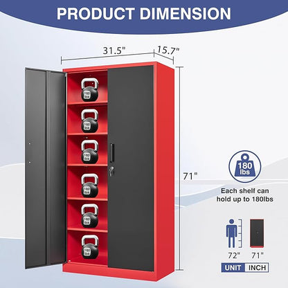 Metal Storage Cabinet with Lock,71 Inch Garage Cabinet with 2 Doors and 5 Adjustable Shelves,Steel Storage Cabinets for Garage,Home Office,Pantry,School(Red & Black)
