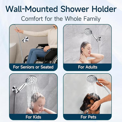 BRIGHT SHOWERS Strong Adhesive Shower Head Holder with Dual Angle Adjustable, Wall Mounted Handheld Shower Bracket, Easy Installation, Screw Mounting Options, Chrome