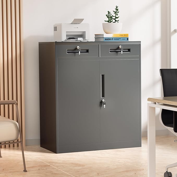 Bonusall Garage Storage Cabinet with 2 Drawers,36" Metal Office Cabinets with Doors and Shelves,Steel Cabinet for Home Office,School,Warehouse(Black)