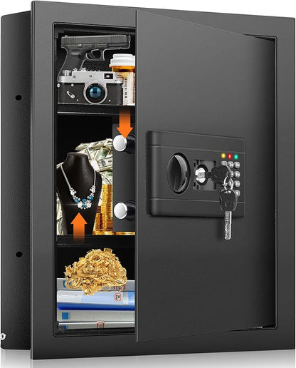 17.7" Tall Wall Safes Between the Studs 16" Centers, Hidden Wall Safe with 2 Removable Shelf & Hidden Tray, In Wall Mount Safe for Money, Jewelry, Passport, Valuables