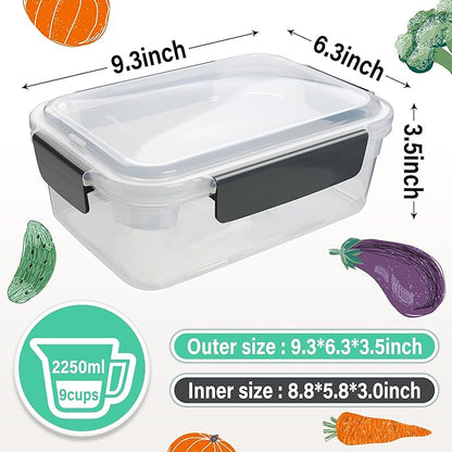 YORY 9 cup Plastic Food Storage Containers with Lids Nestable Freezer Dishwasher Safe Rectangle Meal Prep Container Set,5-Pack