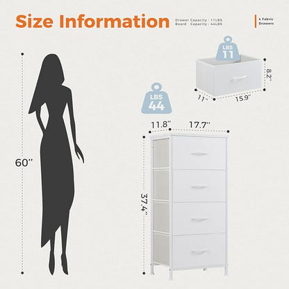 Sweetcrispy Dresser for Bedroom, Storage Drawers, Skinny Fabric Storage Tower with 4 Drawers, Tower Organizer Unit, Chest of Drawers with Wooden Top for Closet,Entryway,White