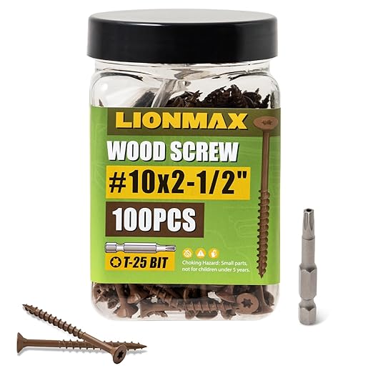 LIONMAX Wood Screws 2-1/2 Inch, Deck Screws #10 x 2-1/2", 100 PCS, Rust Resistant, Epoxy Coated, Exterior Wood Screw, Outdoor Decking Screws, Torx/Star Drive Head, T25 Star Bit Included, Brown