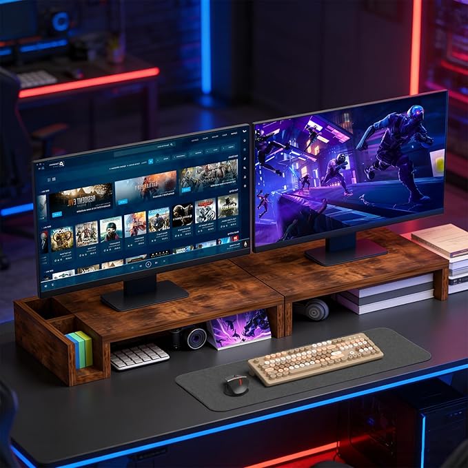 Wood Dual Monitor Stand Riser for Desk, 30" Long Monitor Riser with Pen Holders, Desktop Storage Organizer for 2 Monitors, Computer, Laptop, PC, Printer, TV, Rustic Brown (Dual)