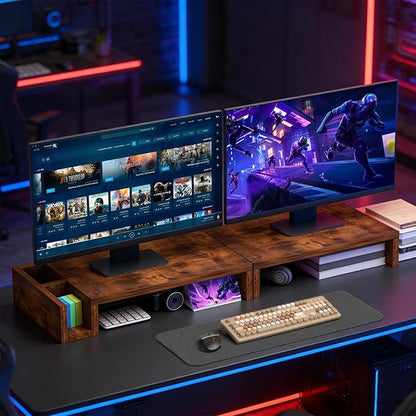 Wood Dual Monitor Stand Riser for Desk, 30" Long Monitor Riser with Pen Holders, Desktop Storage Organizer for 2 Monitors, Computer, Laptop, PC, Printer, TV, Rustic Brown (Dual)