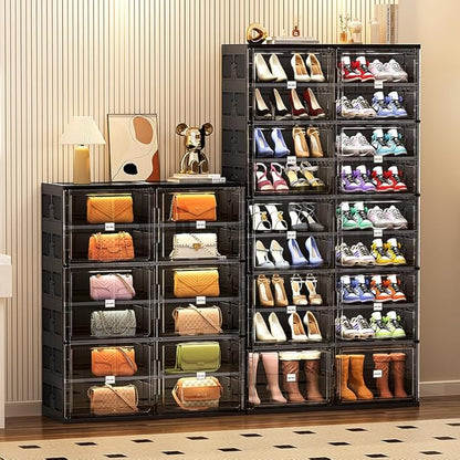 JEKO&JEKO 4 Tiers Foldable Shoe Rack Organizer Cabinet for Closet Entryway, Large Collapsible Shoe Storage Box with Magnetic Doors Fits Up to 16 Pairs (Black)