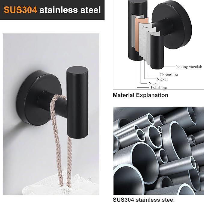 Nolimas Towel Coat Hook Matte Black, SUS304 Stainless Steel Bathroom Clothes Cabinet Closet Sponges Robe Hook Wall Mounted Round Kitchen Heavy Duty Door Hanger 4 Packs