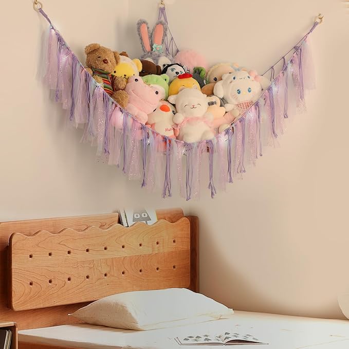 Stuffed Animal Hammock with LED Lights - 59 Inch Large Toy Storage Net for Kids Bedroom, Wall-Mounted Plush Organizer with Wooden Rings, Nursery Decor (Handwoven, Purple)