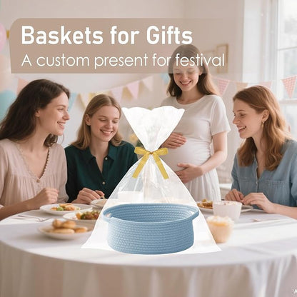 Woven Basket,Small Rope Storage Bin with Handles & Ribbon Bag, Organizer for Shelves Closets,Gift Basket Empty for Birthday,Books,Dog Toys, Blue/3 Pack