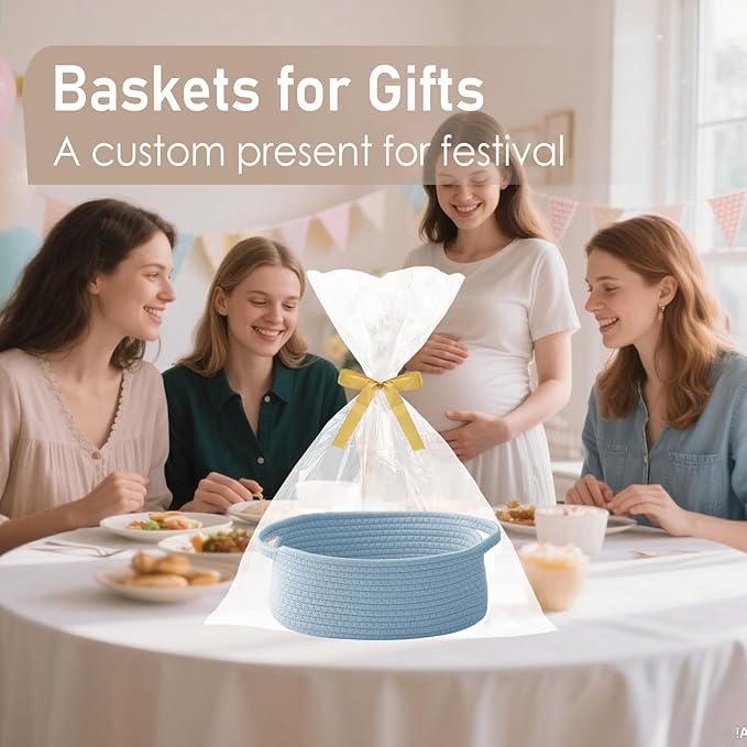 Woven Basket,Small Rope Storage Bin with Handles & Ribbon Bag, Organizer for Shelves Closets,Gift Basket Empty for Birthday,Books,Dog Toys, Blue