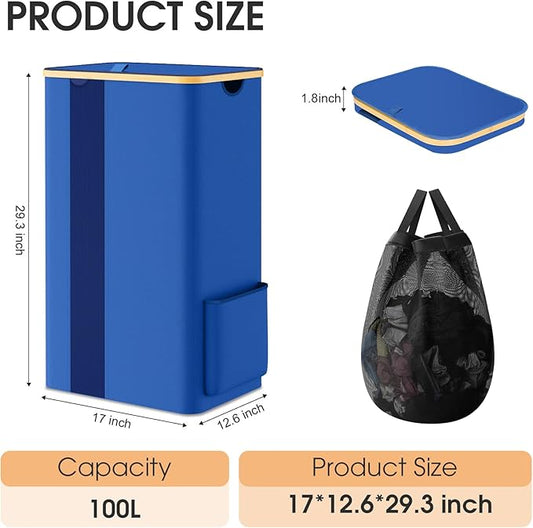 Laundry Basket Clothes Hamper with Lid and Pocket Large Collapsible Laundry Baskets with Handle, Blue Freestanding Hampers for Bedroom Aesthetic, Dorm, Bathroom, Laundry Room (100L)