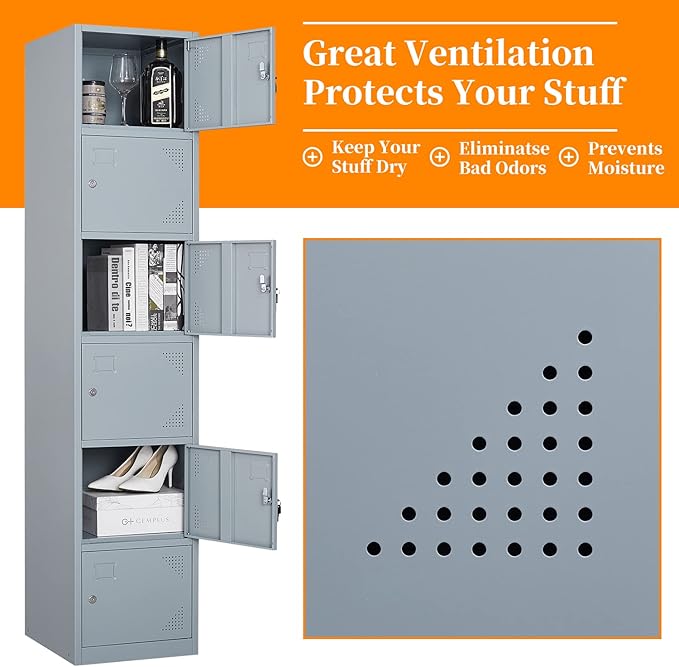 Metal Locker with 6 Doors, 71" Lockers for Employees Steel Storage Locker, Lockable Locker Cabinet for School, Gym, Home Office and Garage（Grey）