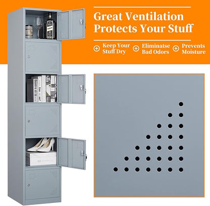 Metal Locker with 6 Doors, 71" Lockers for Employees Steel Storage Locker, Lockable Locker Cabinet for School, Gym, Home Office and Garage（Grey）
