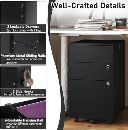 Giantex 3-Drawer File Cabinet with Lock, 27-Inches Storage Cabinet with 2 Side Hooks, Mobile Printer Stand, Wheels, 4 Keys, Vertical Filing Organizer fits Letter/A4 Size for Home Office (Black)