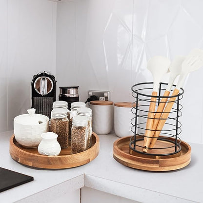 9 Inch Acacia Wood Lazy Susan Organizer for Cabinet, Lazy Susan Turntable for Countertop Table Pantry, Kitchen Turntable Storege