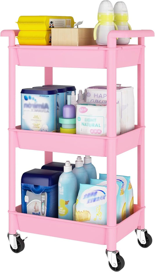 3-Tier Utility Rolling Cart with Cover Top Board, Mobile Utility Cart with Lockable Casters Multi-Functional Storage Trolley for Office, Bathroom, Kitchen, Garden, Laundry Room (Pink)