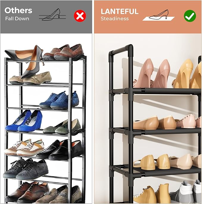 10 Tiers Shoe Rack 25 Pairs Large Capacity Tall Shoe Organizer Sturdy Shoe Storage with Two Hooks Space Saving Metal Narrow Shoe Rack for Closet, Entryway, Bedroom, Black