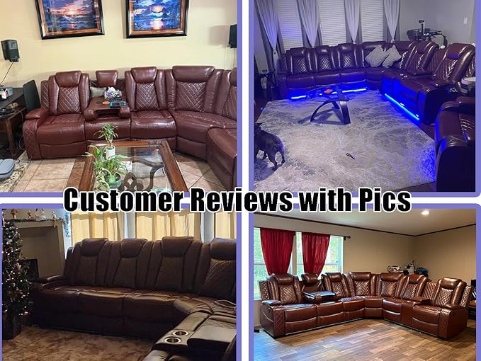 Power Sectional Reclining Sofa Set, Brown Breathing Leather Power Recliner Sofa Set with LED Light, Living Room Furniture with 3 Recliner Seats/Cup Holder/Storage Console for Living Room