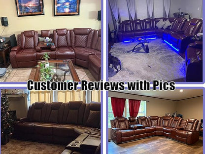 Power Sectional Reclining Sofa Set, Brown Breathing Leather Power Recliner Sofa Set with LED Light, Living Room Furniture with 3 Recliner Seats/Cup Holder/Storage Console for Living Room