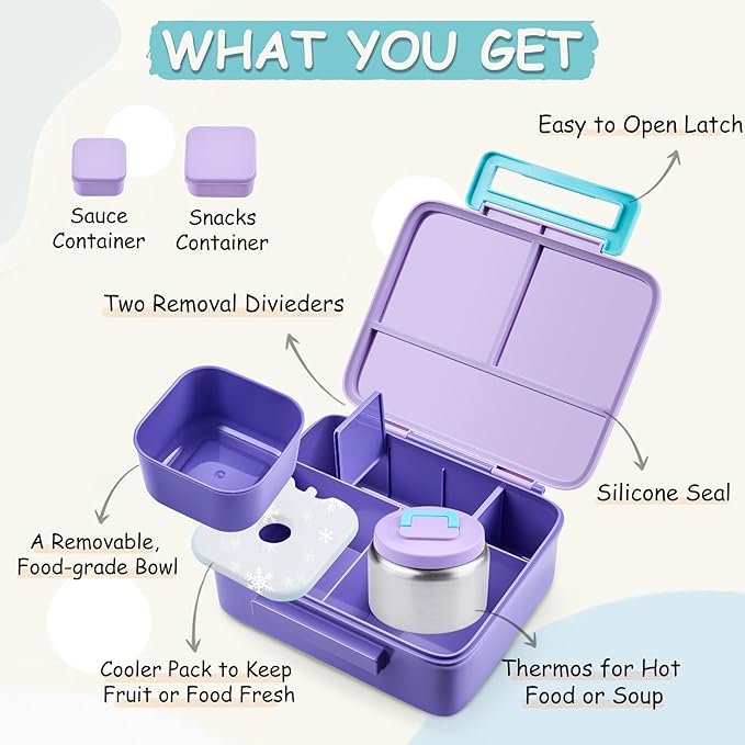 Bento Lunch Box for Kids with 8oz Soup Thermo Leak-Proof Lunch Food Containers with Snack Sauce Container for Kid Girls Boys to School,Purple
