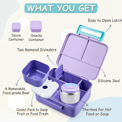 Bento Lunch Box for Kids with 8oz Soup Thermo Leak-Proof Lunch Food Containers with Snack Sauce Container for Kid Girls Boys to School,Purple