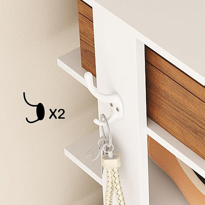 HOMEFORT 10-Tier Vertical Shoe Rack, Corner Shoe Tower, Slim Shoe Organizer with Two Hanging Hooks, Wooden Shoe Storage Stand for Entryway, Hallway, Closet (White)